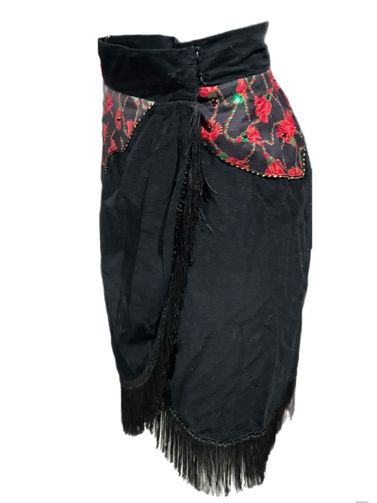 Vintage Black Fringe Wrap Skirt Red Floral Appliqué Festival Dance Tango Small - Picture 5 of 8